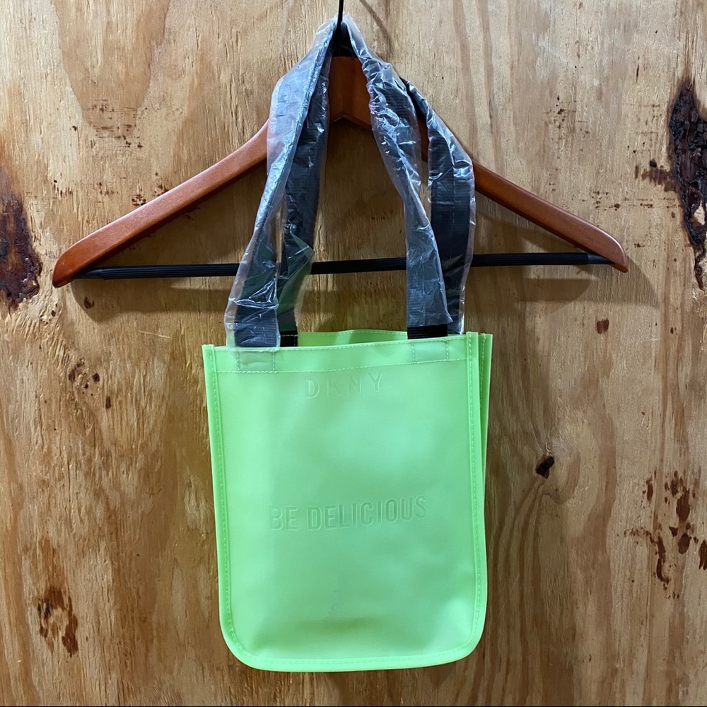 DKNY rubber tote neon green NWT black nylon straps